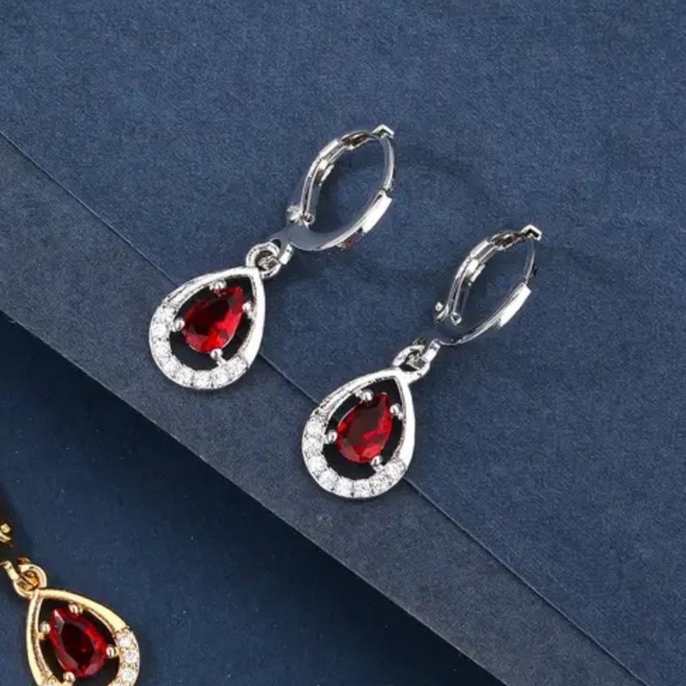 Elegant Silver Drop Earrings with Red Teardrop Ruby and Crystal Accents Vintage